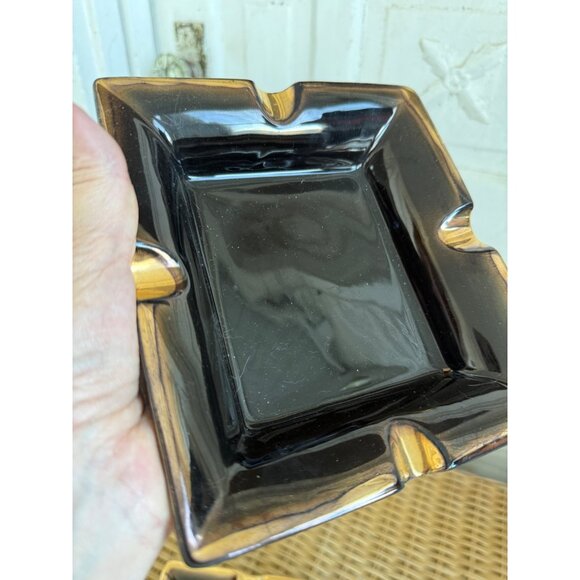 Vintage MCM Pair Stacking Cigar Ashtrays Black And Gold Ceramic - Picture 9 of 10